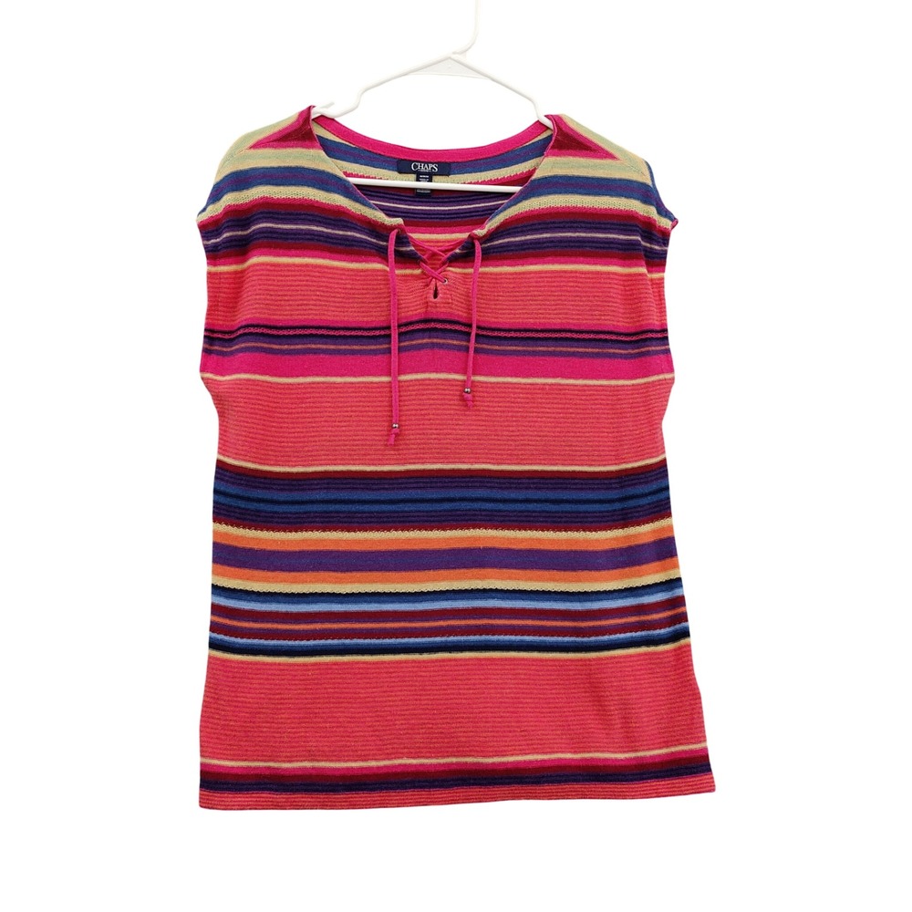 Chaps Women Boho Coastal Preppy Linen Cotton Sleeveless Knit Top M Pink Striped